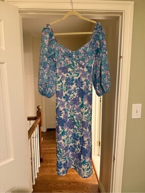4SI3NNA Blue and Purple Floral Midi Dress with Puff Sleeves